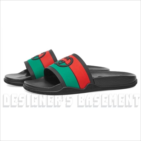 GUCCI men 10 Agrado INTERLOCKING G Logo Black Green Red rubber Slide sandals NIB - Picture 5 of 11